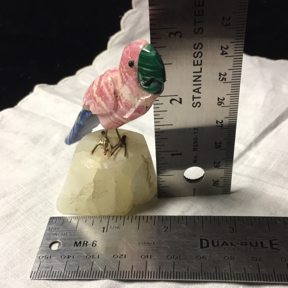 Hand Carved Bird Perched on Quartz Crystal Parrot Pink, Blue, White Calcite Peru - Picture 8 of 9